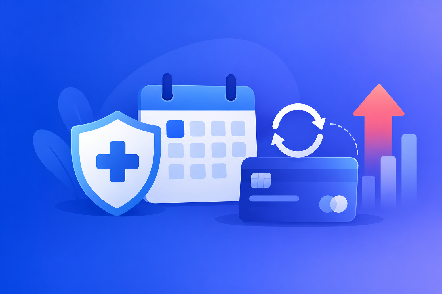 A health shield beside a calendar and a recurring payment arrow with an upward price marker
