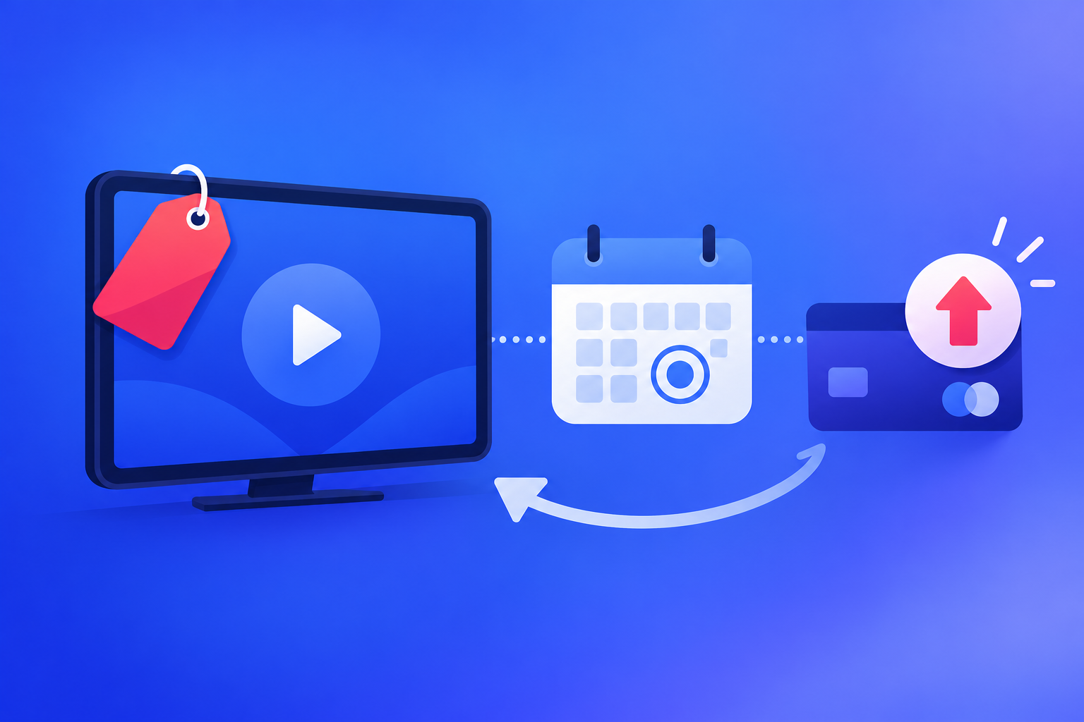 A shopping tag on a streaming screen beside a calendar marking a future renewal and a rising price arrow