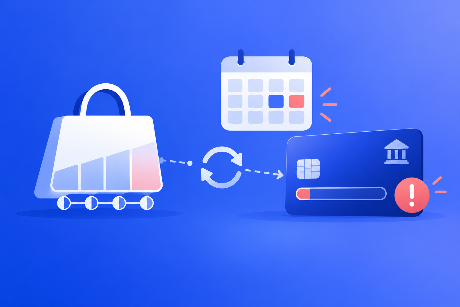 A shopping bag split into four installment pieces beside a calendar and a bank card with a low balance marker