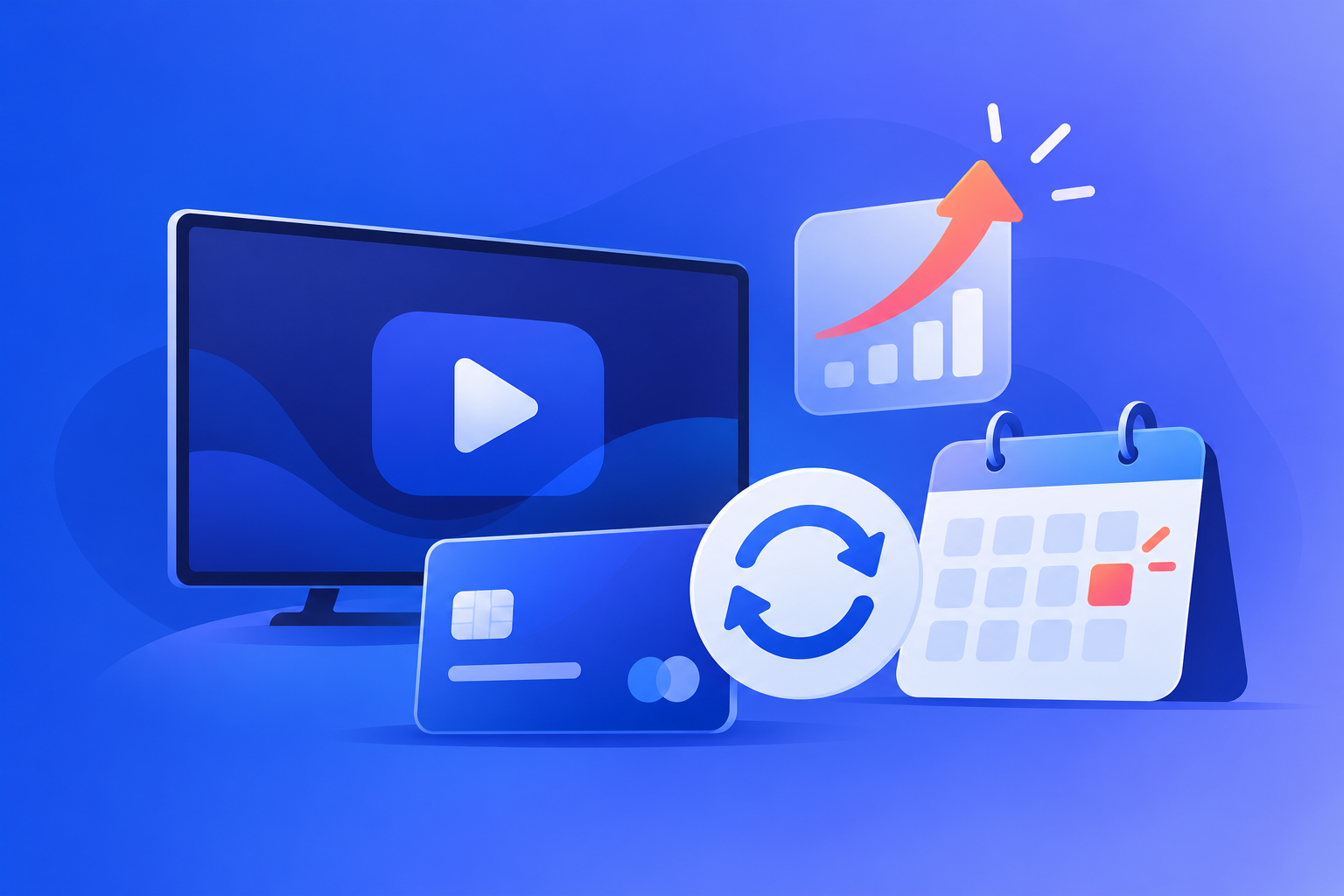 A streaming screen beside an upward price arrow and a calendar marking the next recurring payment