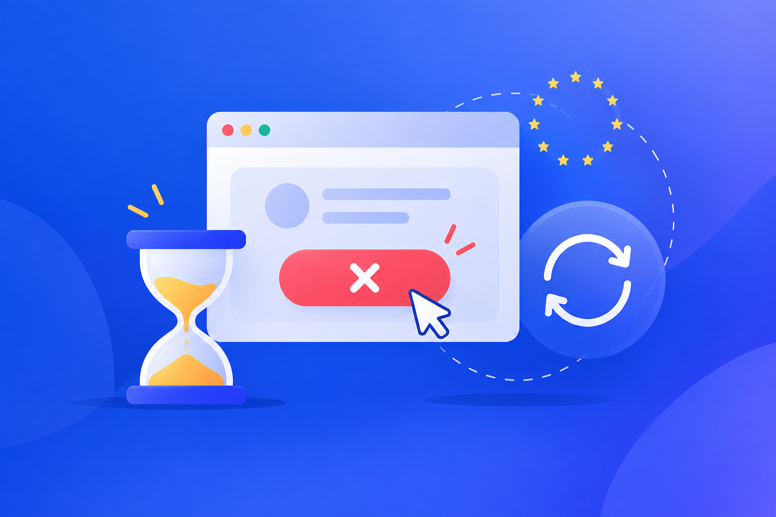 A cancel button on a browser window beside a short countdown and a recurring payment icon
