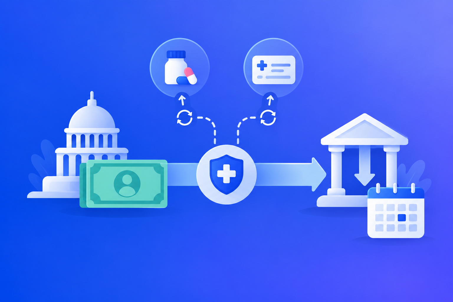 A monthly deposit arrow passing a health shield and a calendar, with smaller recurring payment icons branching off it
