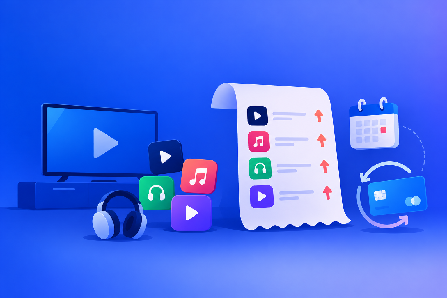 Several streaming and music app tiles beside rising price arrows and a calendar marking monthly renewals