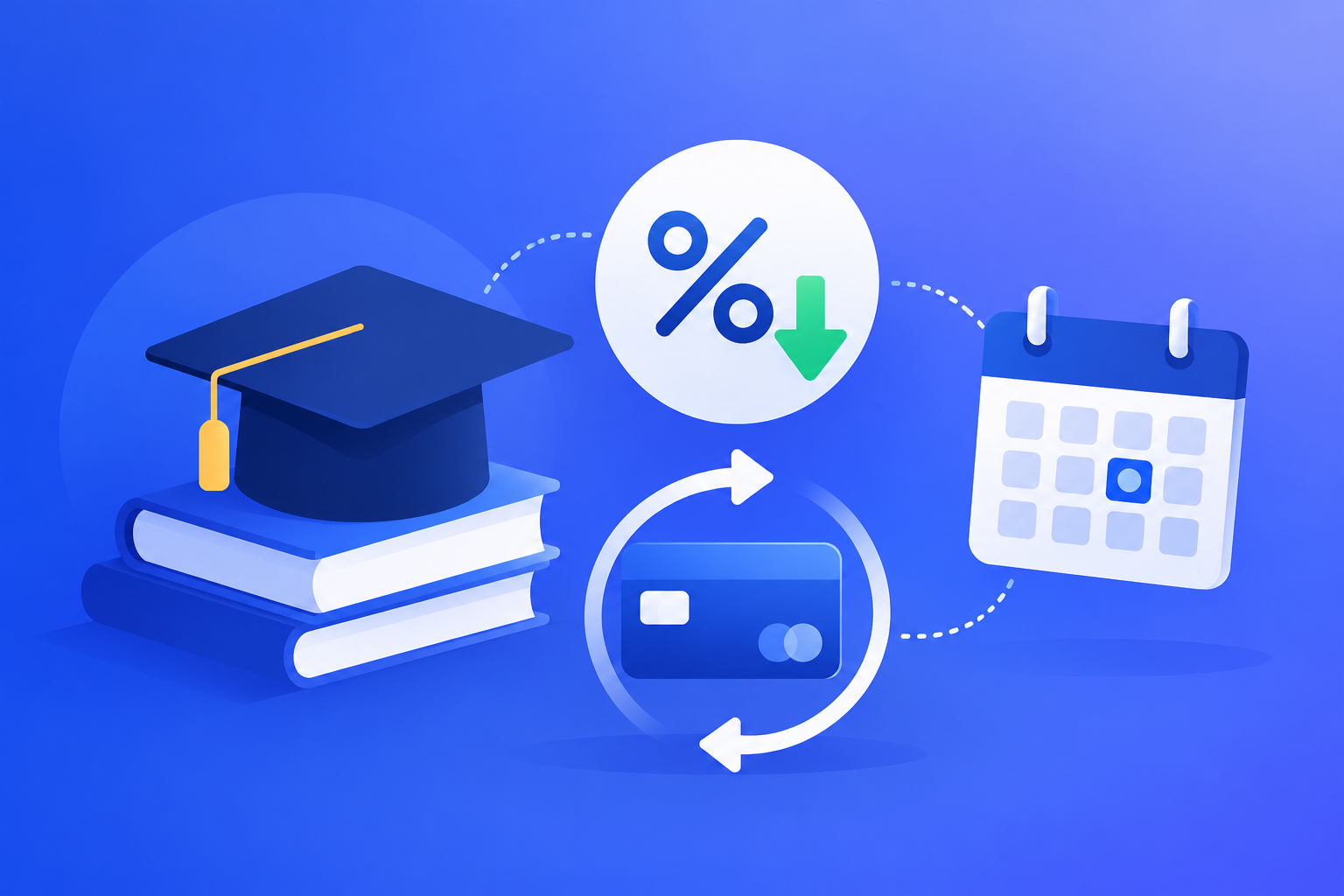 A graduation cap beside a downward arrow and a calendar marking a recurring loan payment